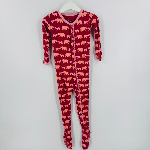 Kickee Pants Girls Footed Pajamas Magenta Pink Bear Print Bamboo 3T - Picture 1 of 6